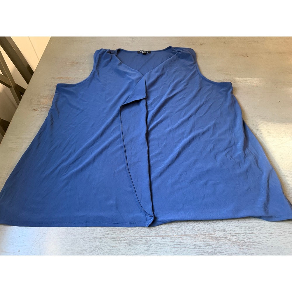 Roz & Ali Women 2X Blue Draped Crossover Front Sleeveless Blouse Top Stretch